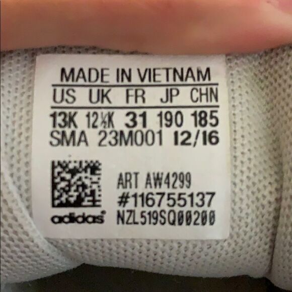 TWO pairs of ADIDAS white sneakers, sizes 13 and 1. - Picture 5 of 6